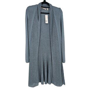 Soft Surroundings Long Duster Cardigan M Blue Crochet Pleated Boho Cottagecore